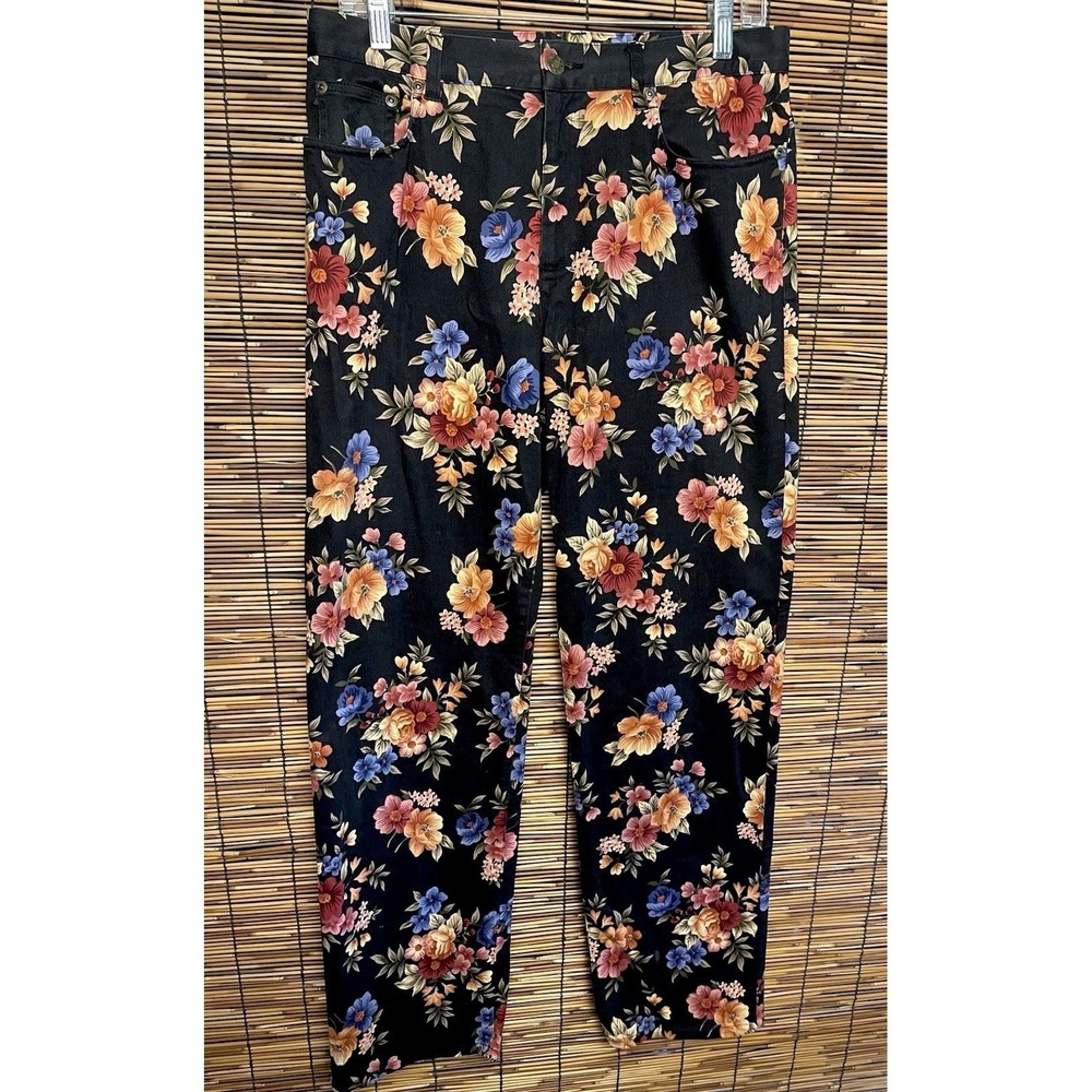 Jones New York Sport Floral Pants Black Multicolor Botanical Cotton Stretch 8